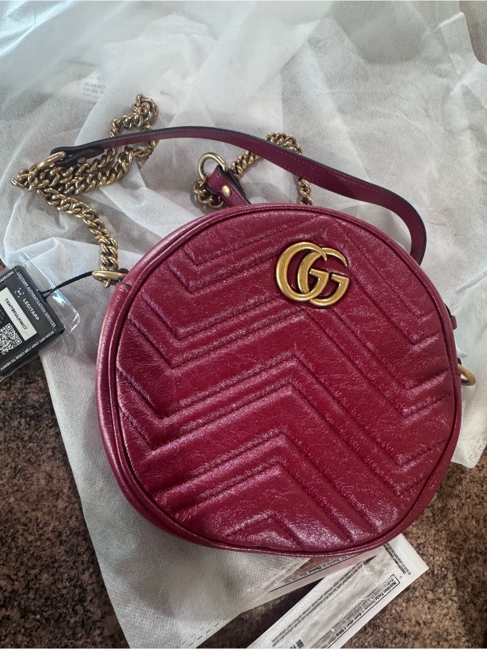 Gucci Round GG Marmont Crossbody Bag in Burgundy